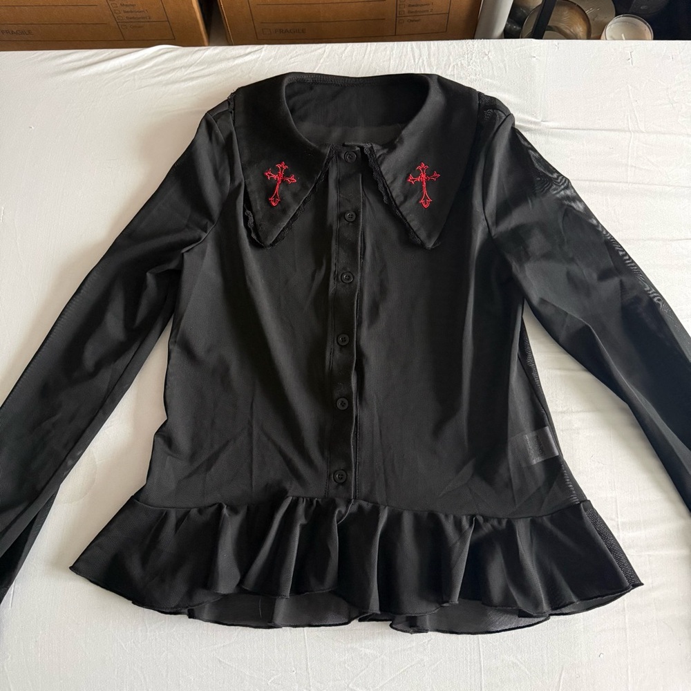 Whimsigoth Witchy Emo Dark Romantic Sheer Button Up Small Cross Victorian Gothic - Picture 3 of 12